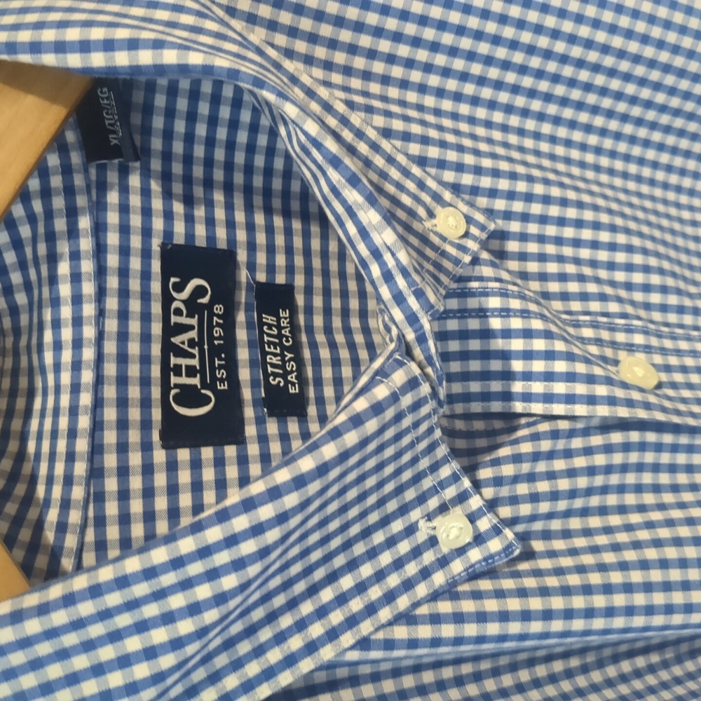 Chaps Blue and White Dress Shirt with Classic Gingham Pattern